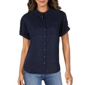 NYDJ Womens Navy Sheer Short Sleeve Button Down Blouse NWT